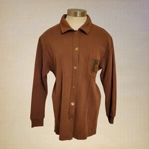 Onque Casual Vintage Cotton Button Up Shirt Women's Small Brown Embroidered